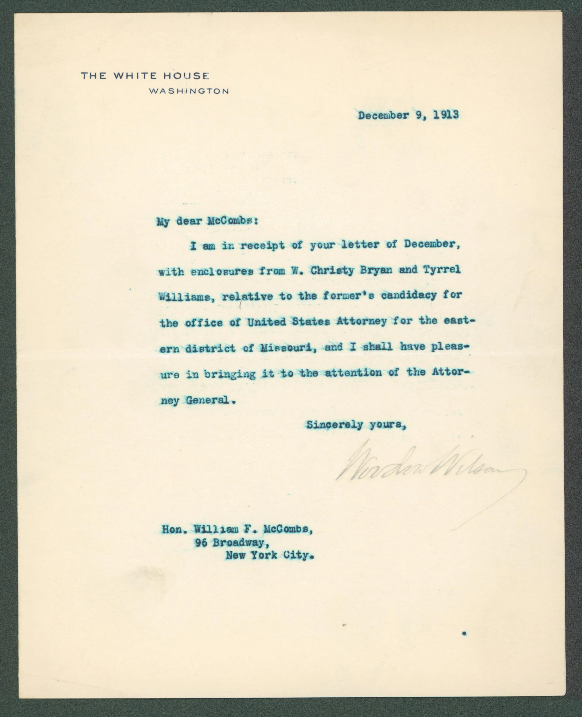 Woodrow Wilson Signed 7x8.8 1913 Letter On White House Letterhead BAS #AB14537