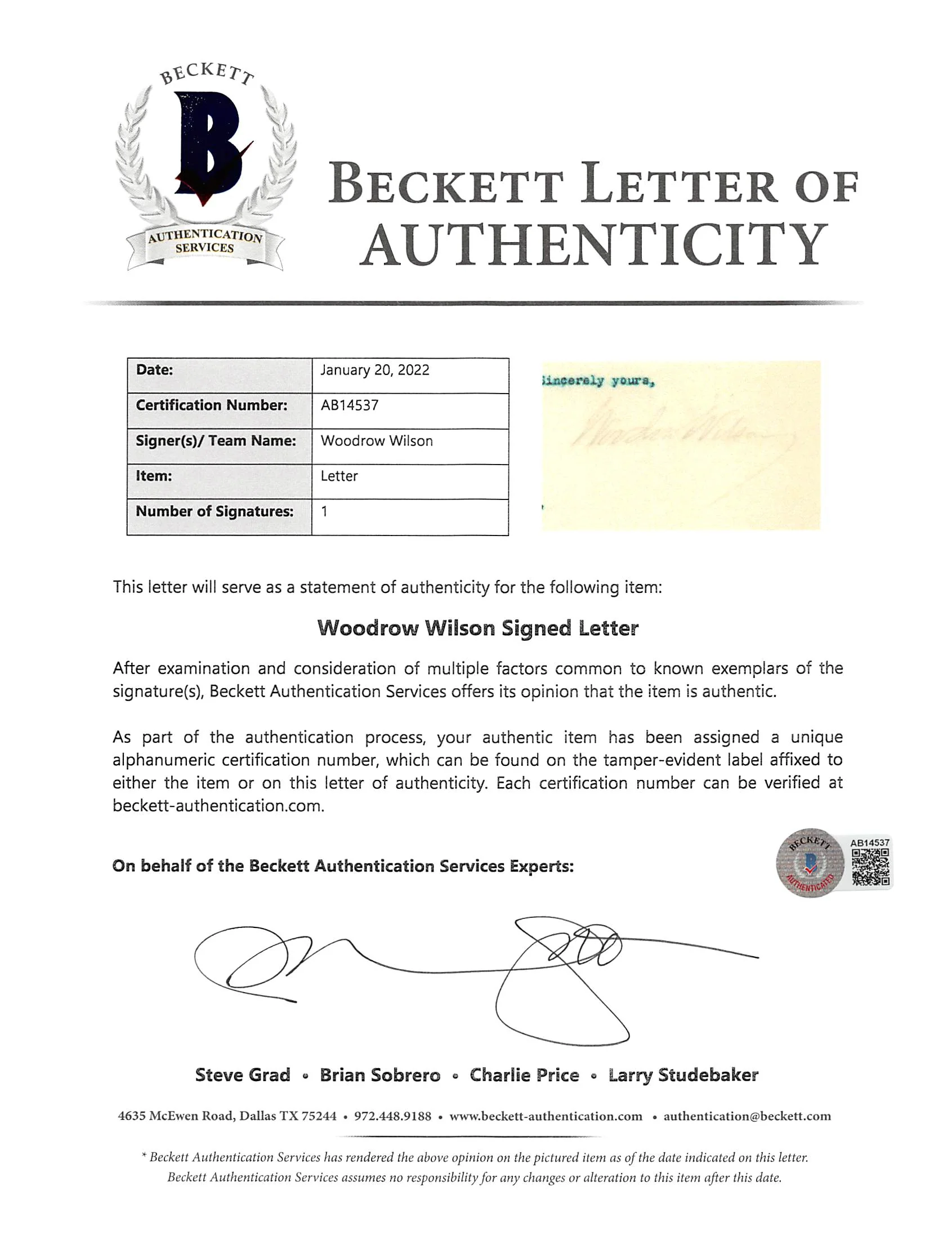 Woodrow Wilson Signed 7x8.8 1913 Letter On White House Letterhead BAS #AB14537 - Image 4