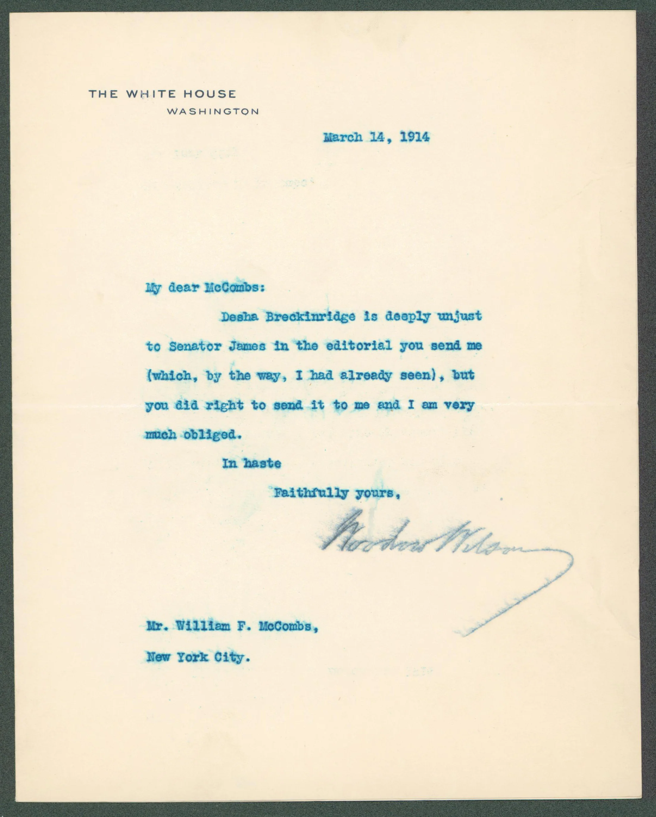 Woodrow Wilson Signed 7x8.8 1914 Letter On White House Letterhead BAS #AB14543 - Image 2