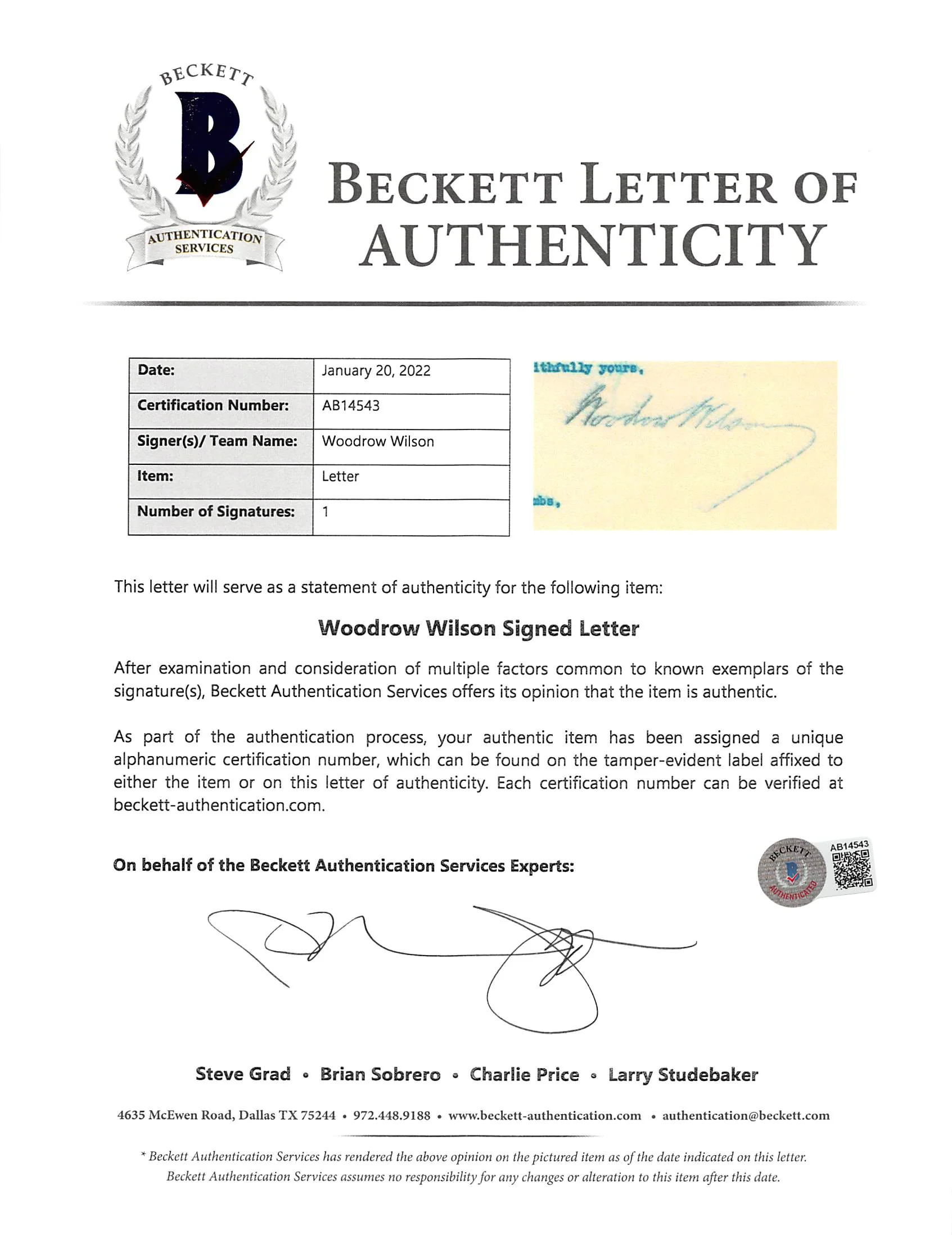 Woodrow Wilson Signed 7x8.8 1914 Letter On White House Letterhead BAS #AB14543 - Image 4