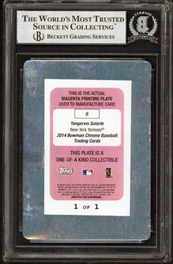 Yangervis Solarte Signed 2014 Bowman Chrome Printing Plates #6 Card BAS Slabbed - Image 3