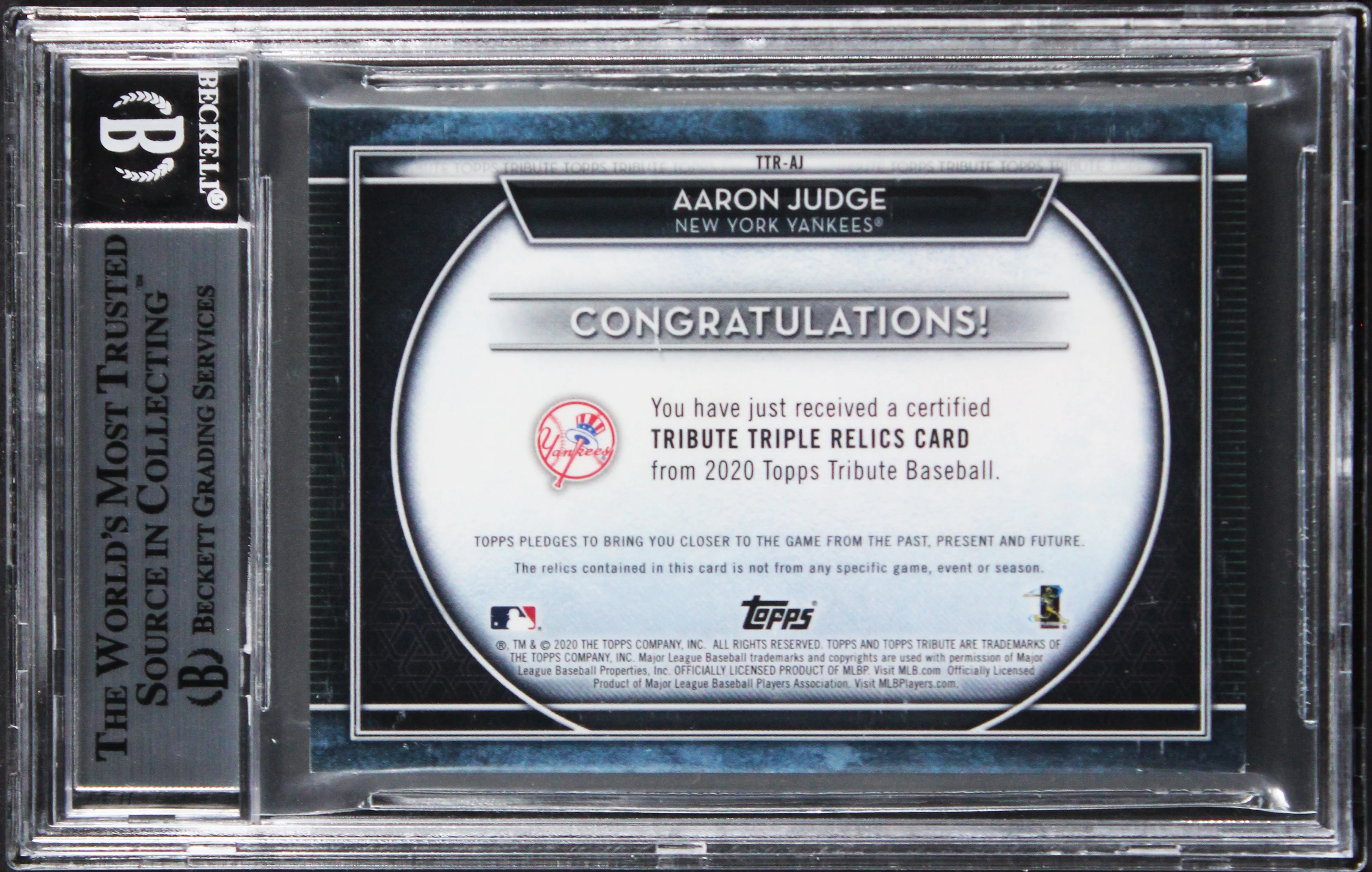 Yankees Aaron Judge Signed 2020 Topps Tribute Triple Relics #TTRAJ Card BAS Slab - Image 3