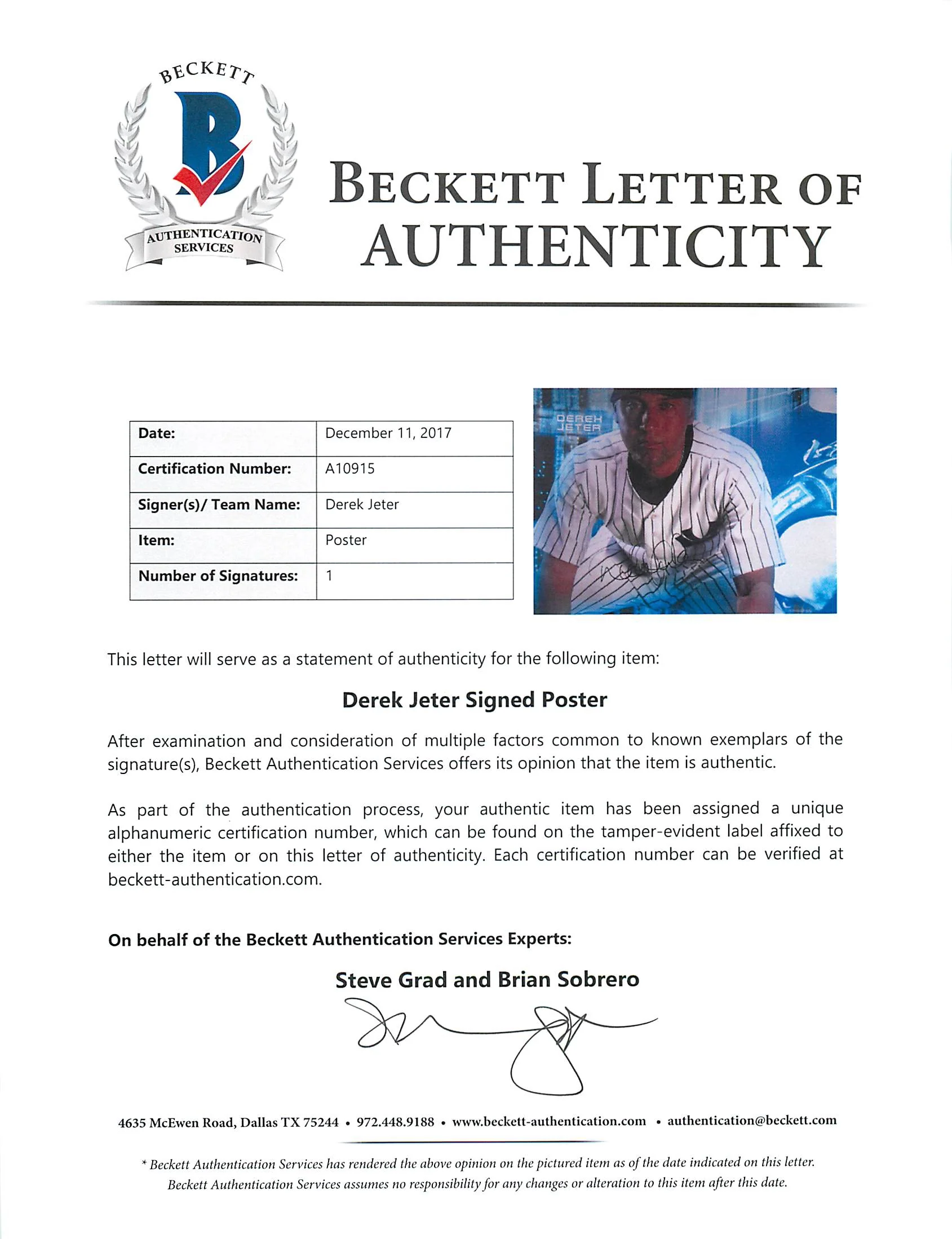 Yankees Derek Jeter Authentic Signed 24x36 Poster Autographed BAS #A10915 - Image 6
