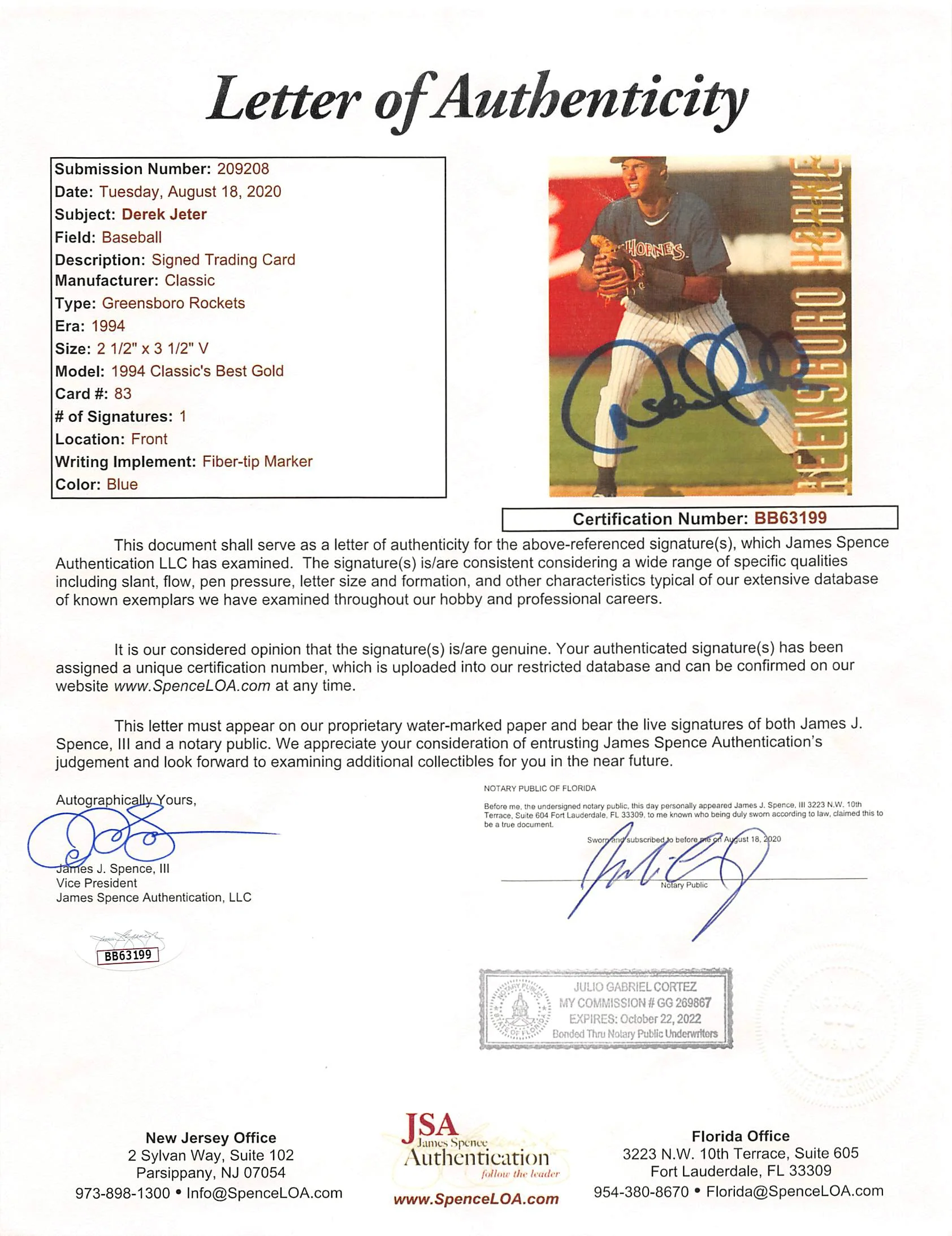 Yankees Derek Jeter Signed 1994 Classic's Best Gold #83 Rookie Card JSA #BB63199 - Image 4