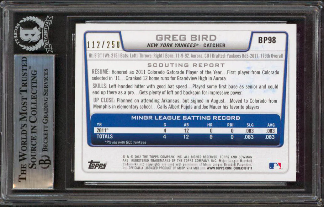 Yankees Greg Bird Signed 2012 Bowman Prospects Orange #BP98 RC Card BAS Slabbed - Image 3