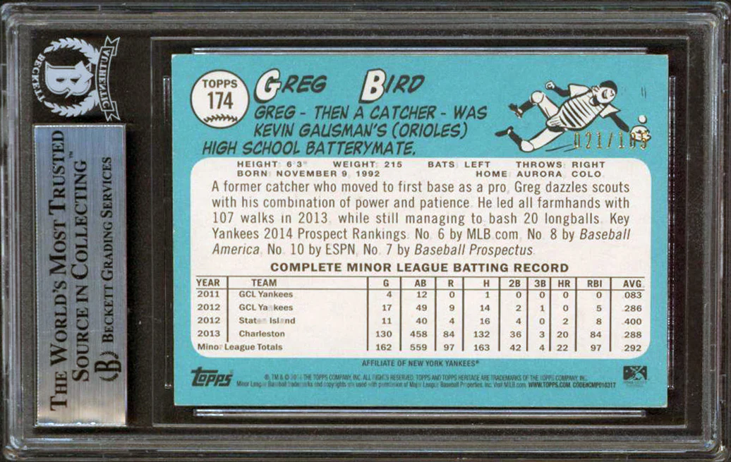 Yankees Greg Bird Signed 2014 Topps Heritage Minors Black #174 RC Card BAS Slab - Image 3