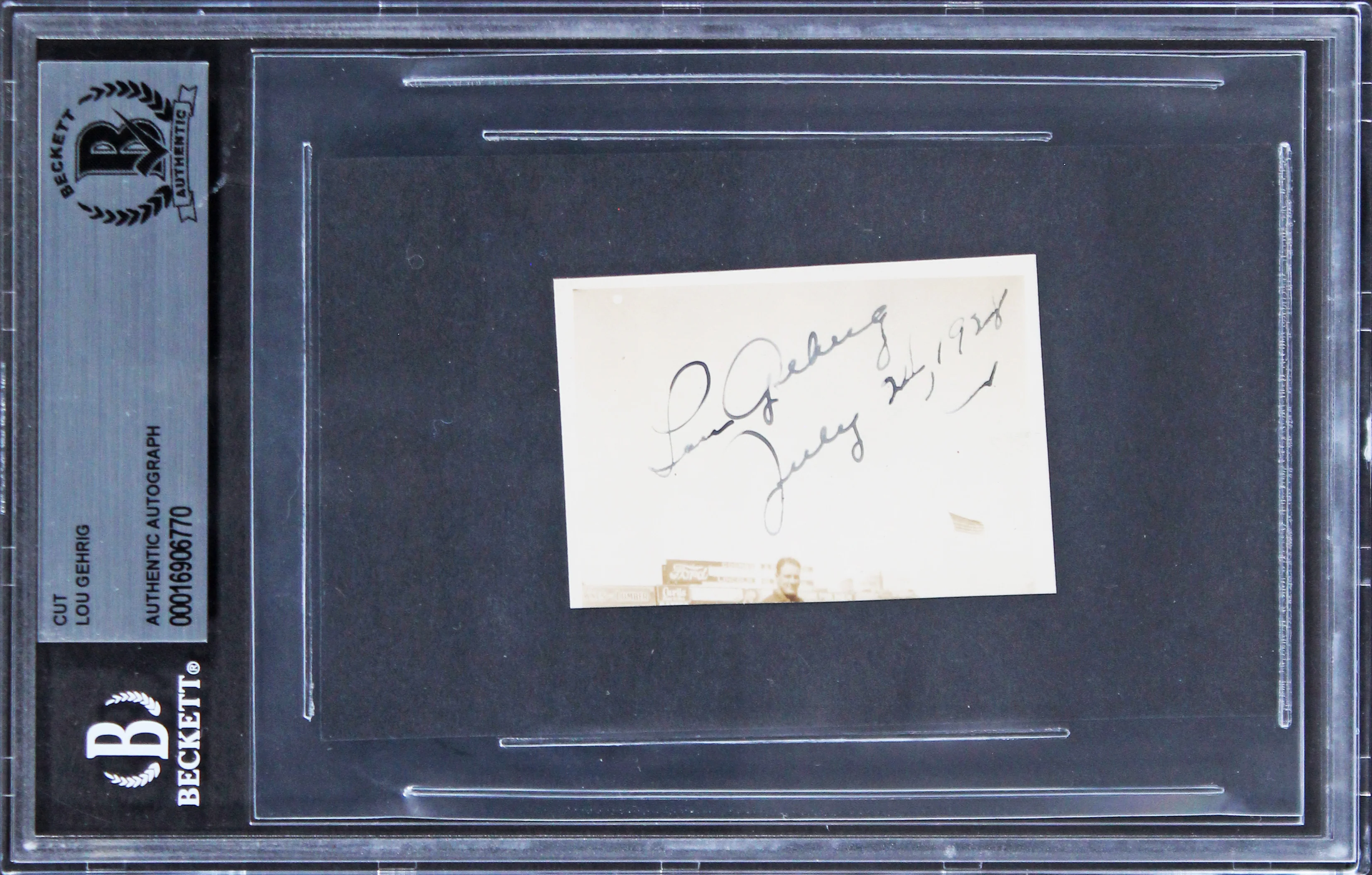 Yankees Lou Gehrig "July 24, 1928" Signed 1.75x2.5 Cut Signature BAS Slabbed - Image 2