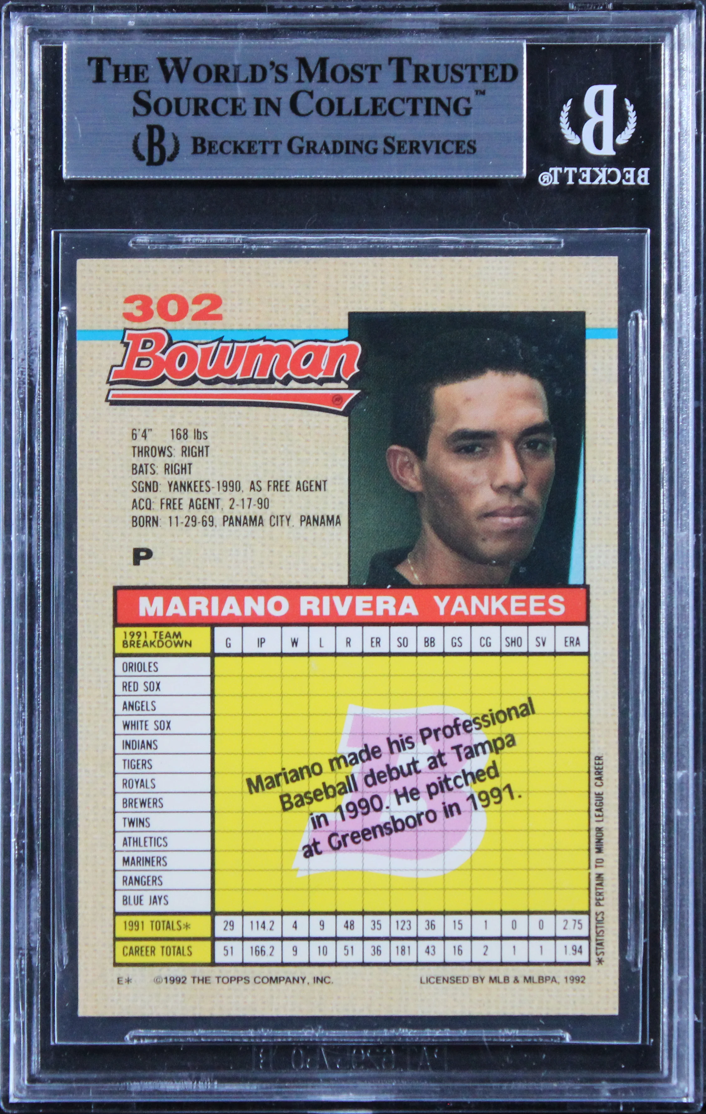Yankees Mariano Rivera Authentic Signed 1992 Bowman #302 Rookie Card BAS Slabbed - Image 3