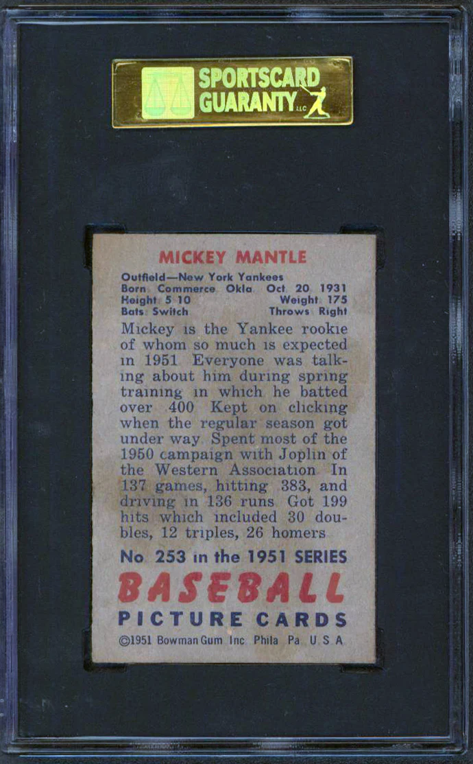 Yankees Mickey Mantle 1951 Bowman #253 Rookie Card Graded Good 2 SGC Authentic - Image 3