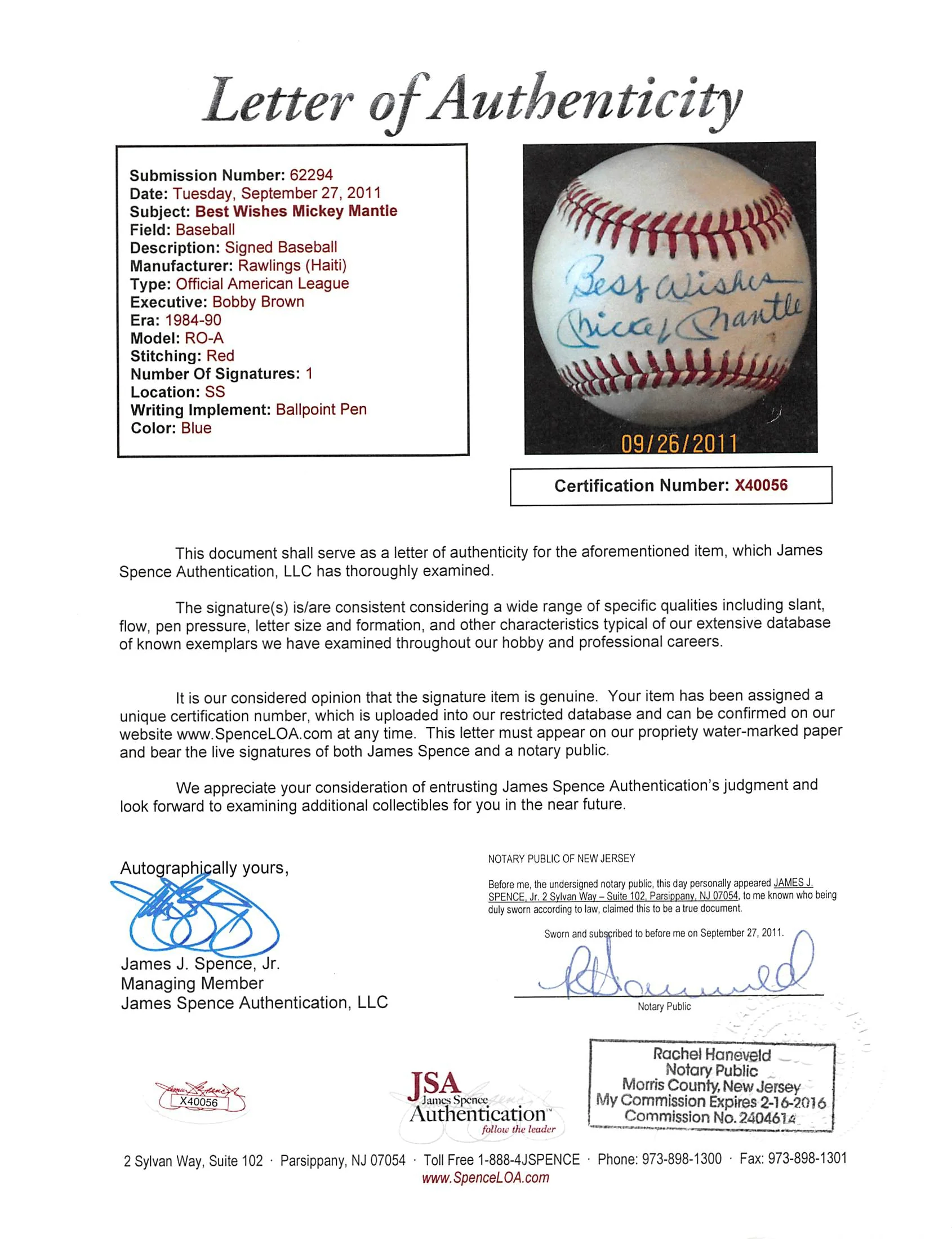 Yankees Mickey Mantle "Best Wishes" Authentic Signed Oal Baseball JSA #X40056 - Image 8
