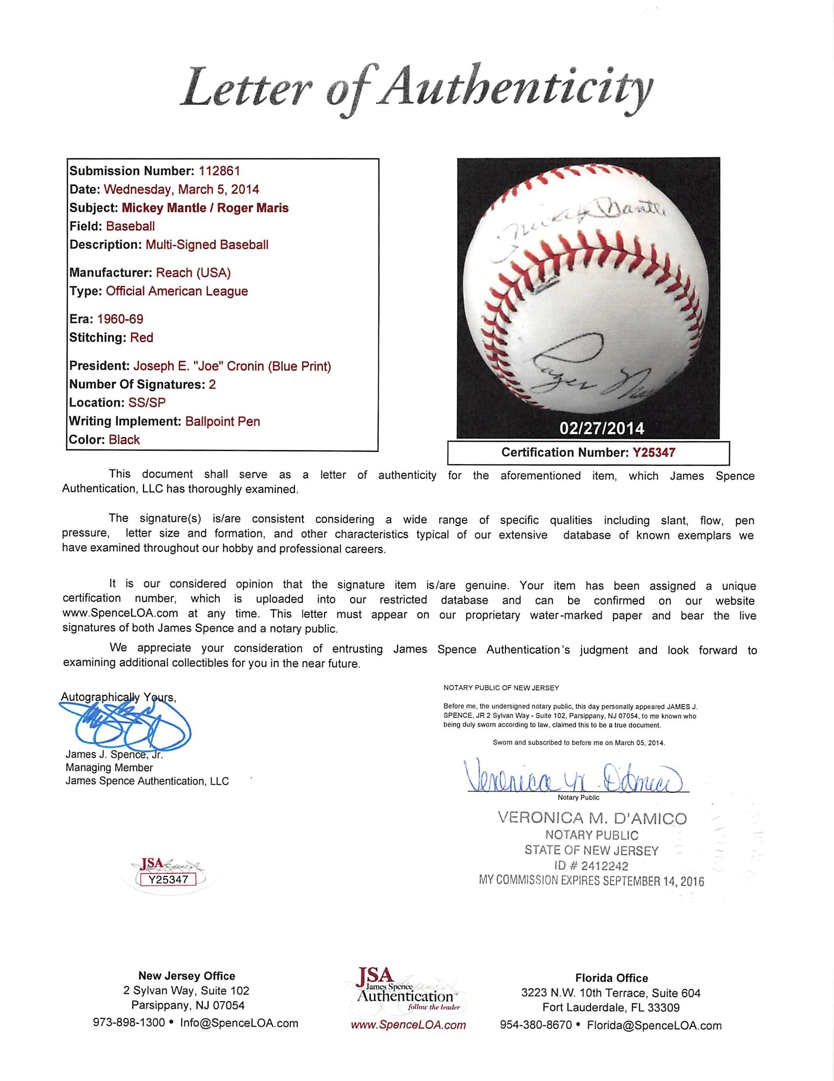 Yankees Mickey Mantle & Roger Maris Authentic Signed Oal Baseball JSA #Y25347 - Image 7