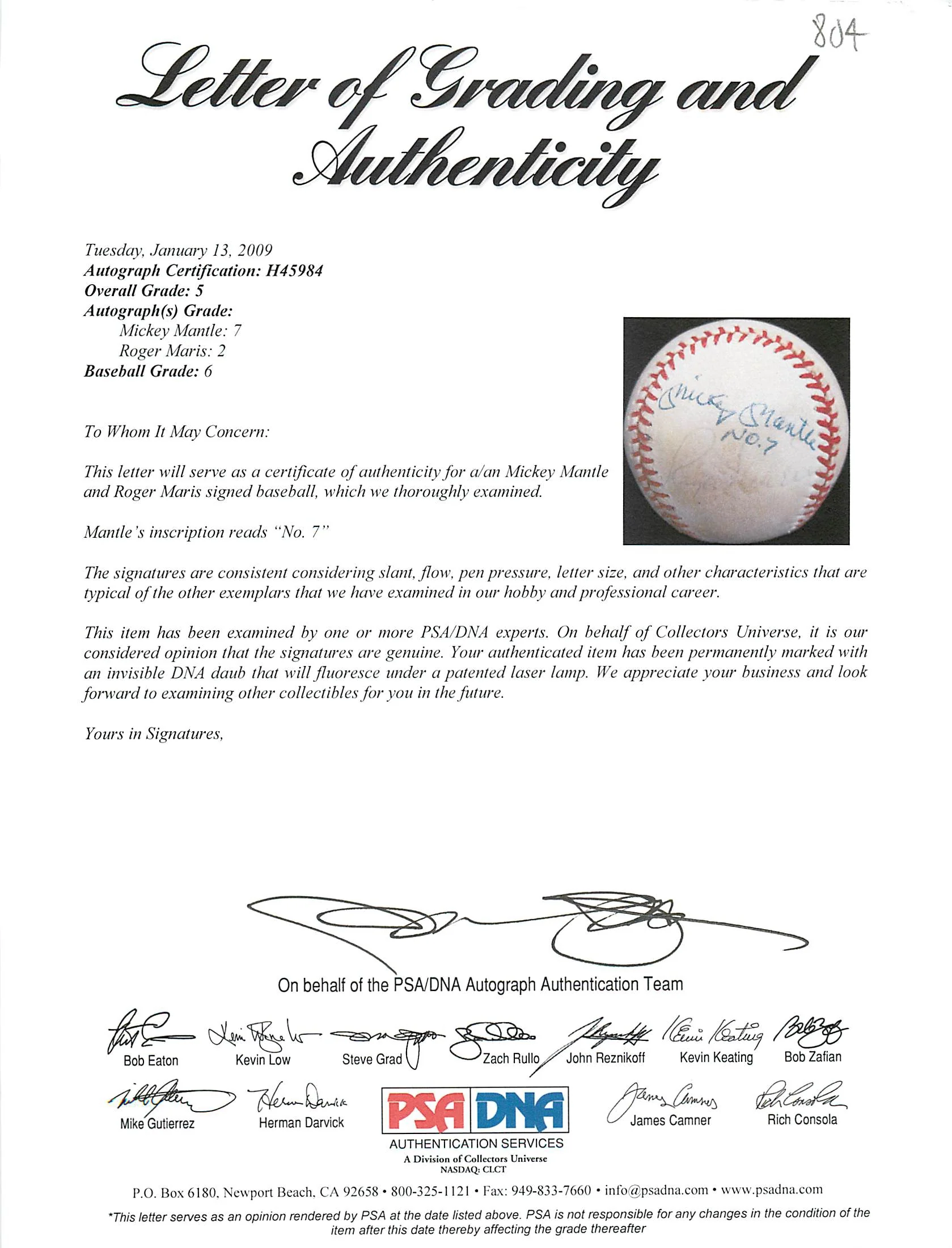 Yankees Mickey Mantle & Roger Maris "No. 7" Signed Onl Baseball PSA/DNA #H45984 - Image 8