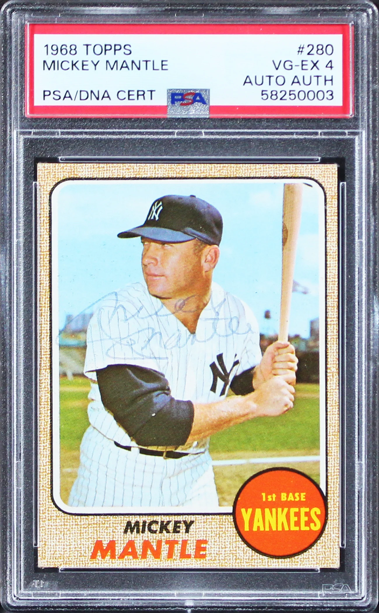 Yankees Mickey Mantle Signed 1968 Topps #280 Card Graded VG-EX 4 PSA/DNA Slabbed - Image 2