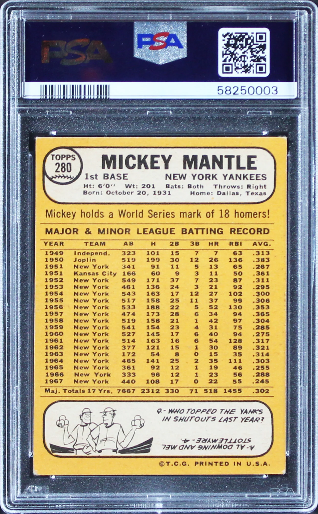 Yankees Mickey Mantle Signed 1968 Topps #280 Card Graded VG-EX 4 PSA/DNA Slabbed - Image 3