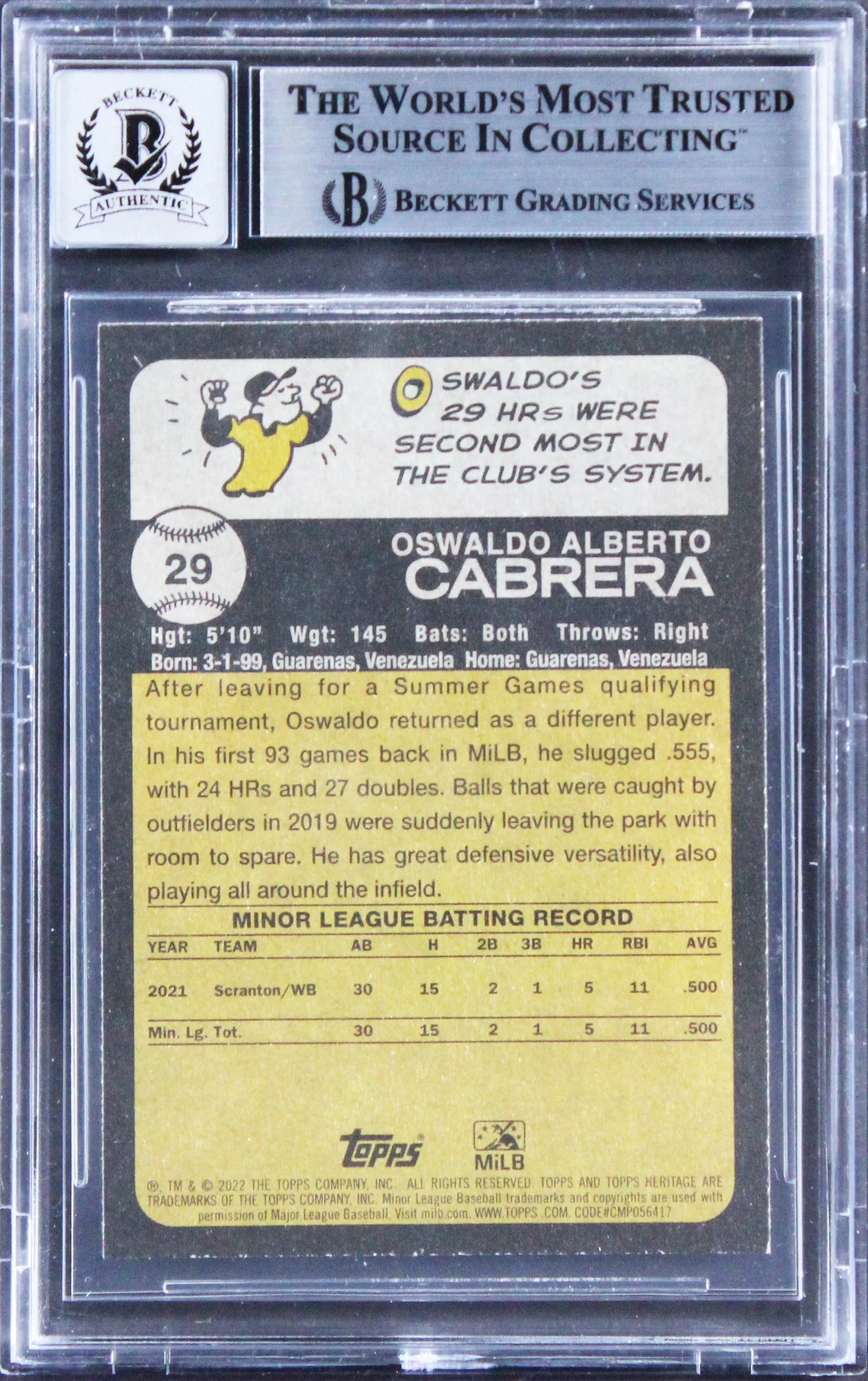 Yankees Oswaldo Cabrera Signed 2022 Topps Heritage M #29 Card Auto 10! BAS Slab - Image 3