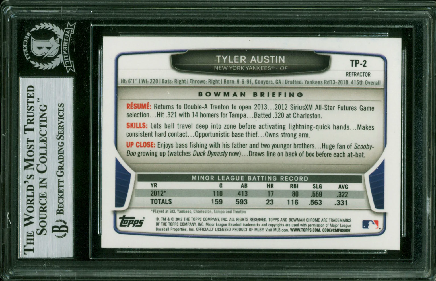 Yankees Tyler Austin Signed 2013 Bowman Chrome DPR #TP2 Rookie Card BAS Slabbed - Image 3