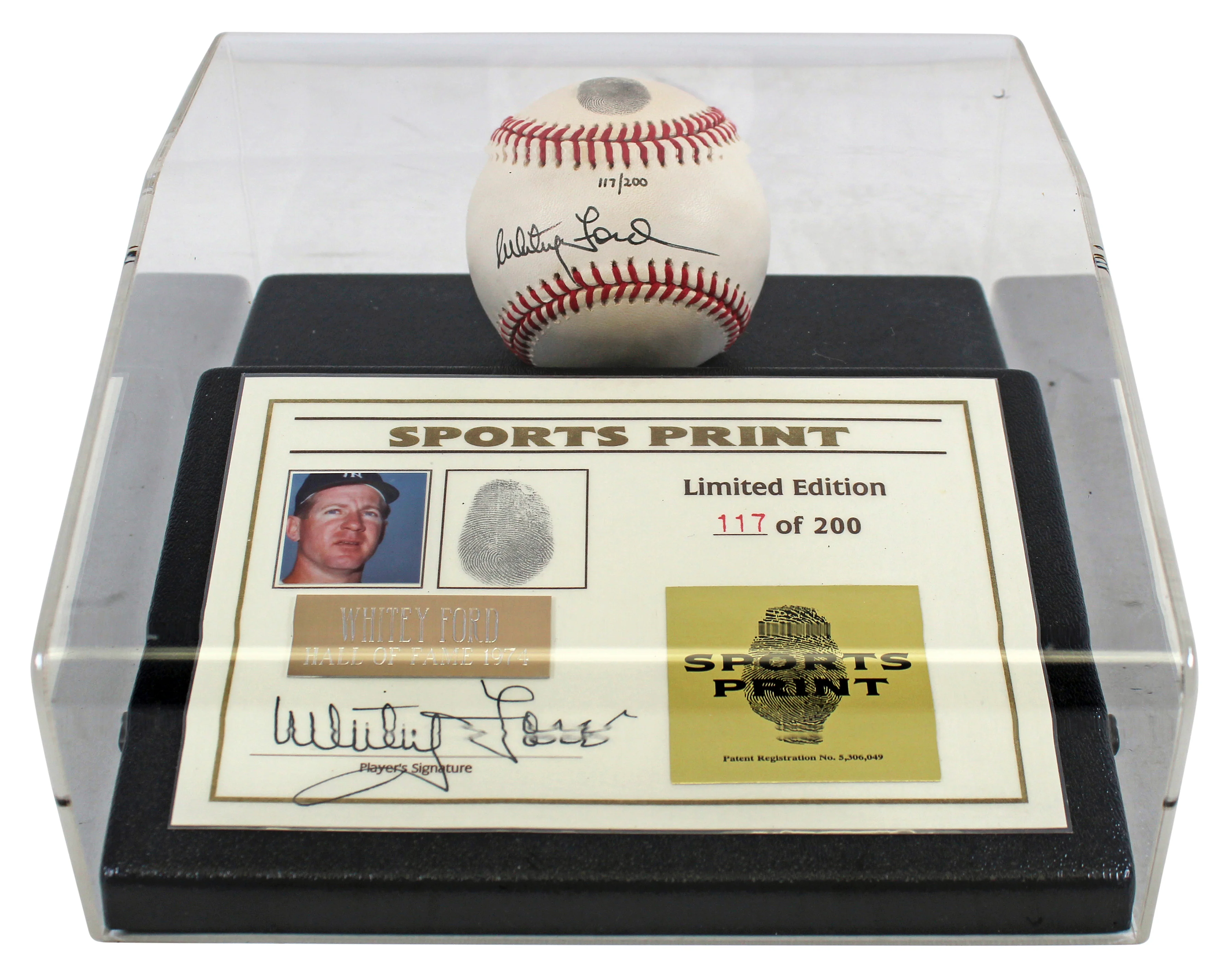 Yankees Whitey Ford Signed Thumbprint Baseball LE #'d/200 w/ Display Case BAS - Image 2