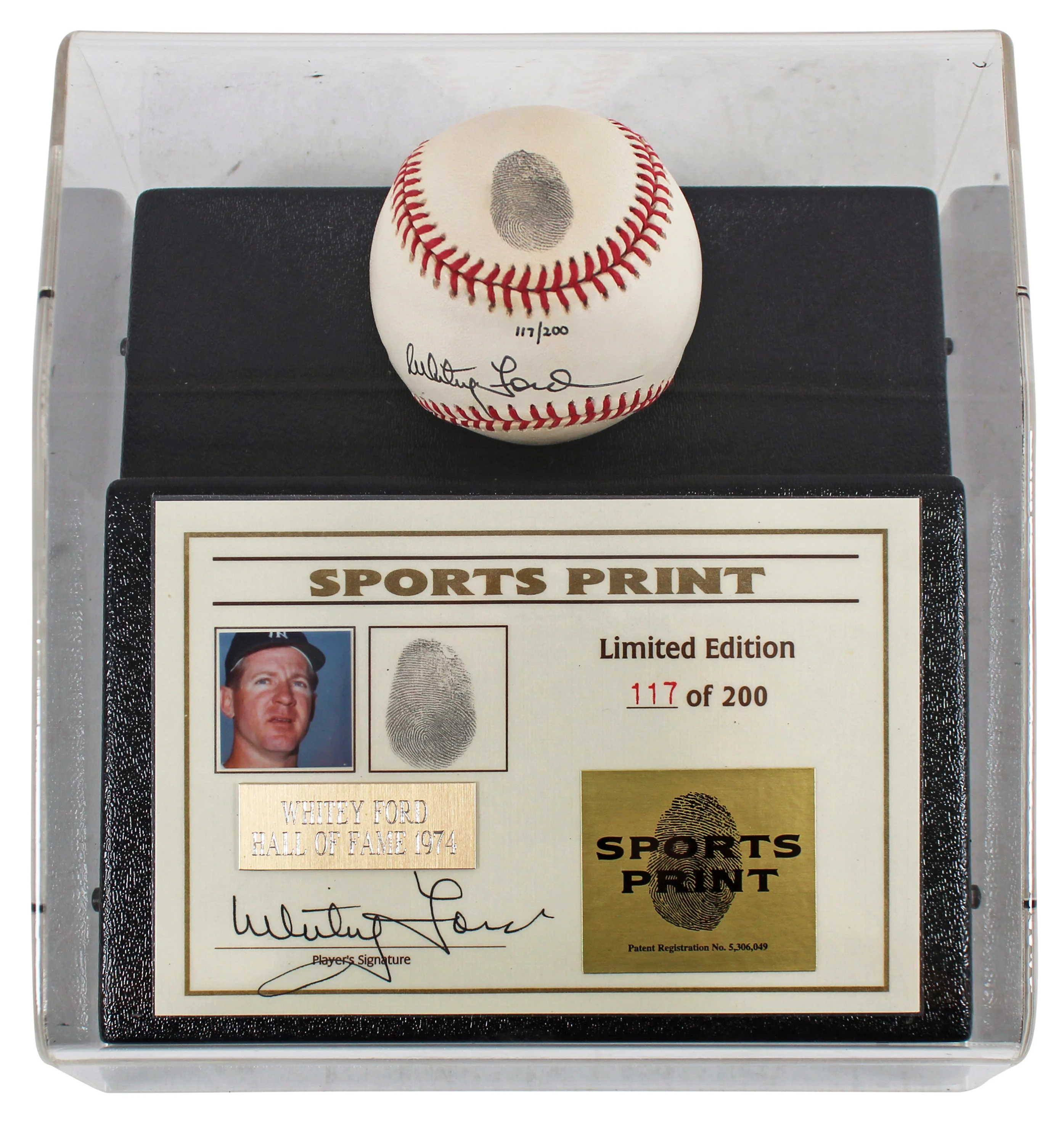 Yankees Whitey Ford Signed Thumbprint Baseball LE #'d/200 w/ Display Case BAS - Image 3