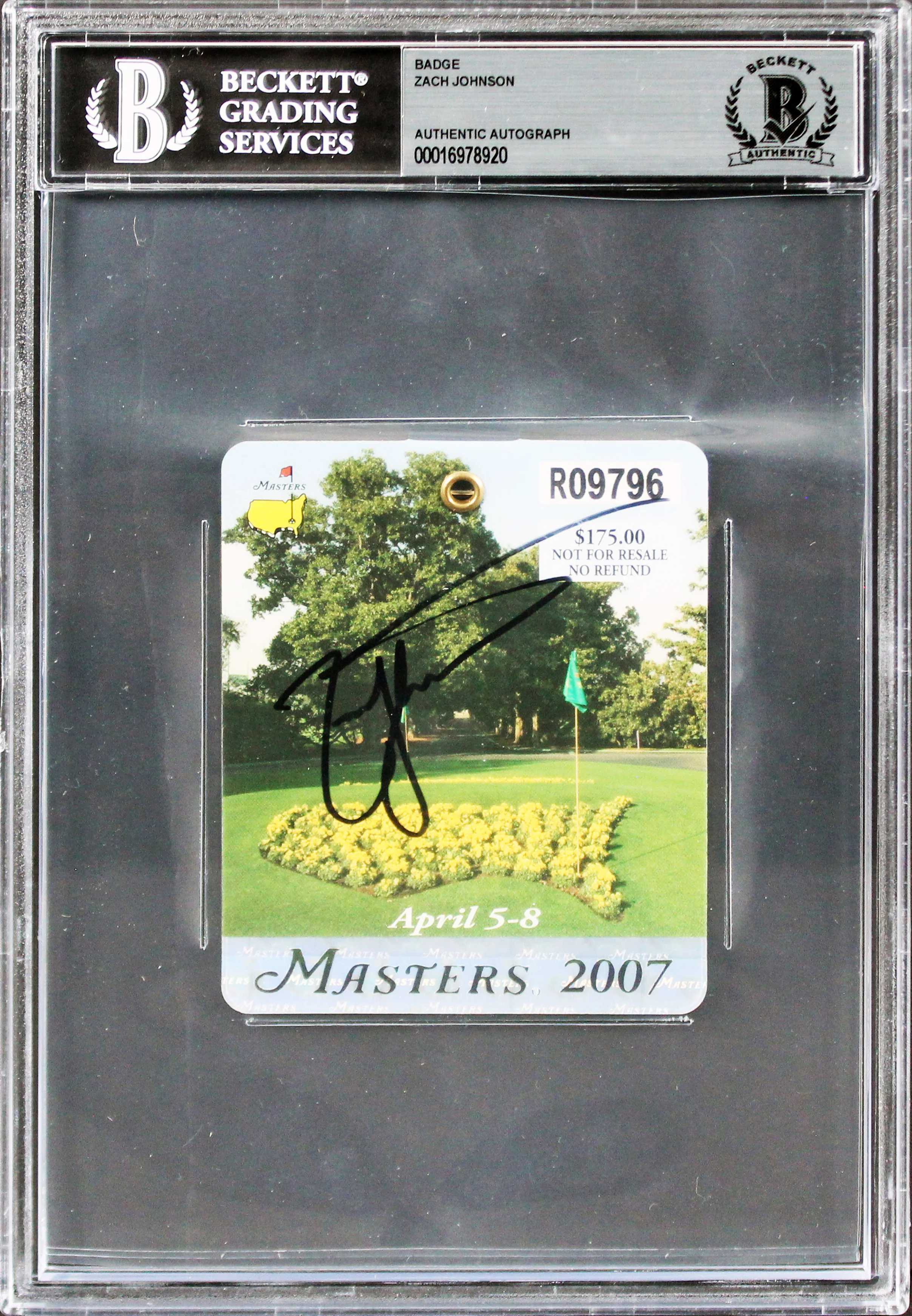 Zach Johnson Signed 2007 Masters Augusta National Club Badge Ticket BAS Slabbed - Image 2