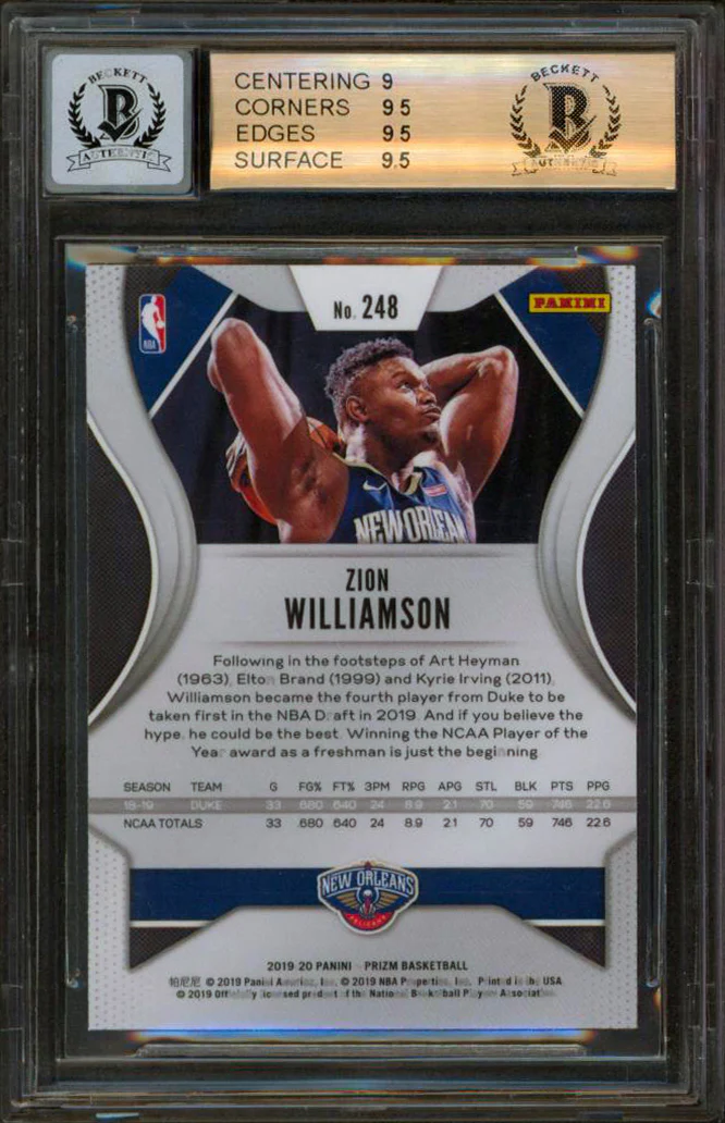 Zion Williamson Signed 2019 Panini Prizm #248 RC Card Grade 9.5 Auto 10 BAS Slab - Image 3